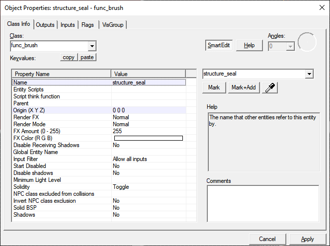 The entity editor tool showing a func_brush named structure_seal.