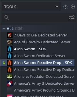 The Steam library, filtered to "Tools", with "Alien Swarm: Reactive Drop - SDK" selected from the list.
